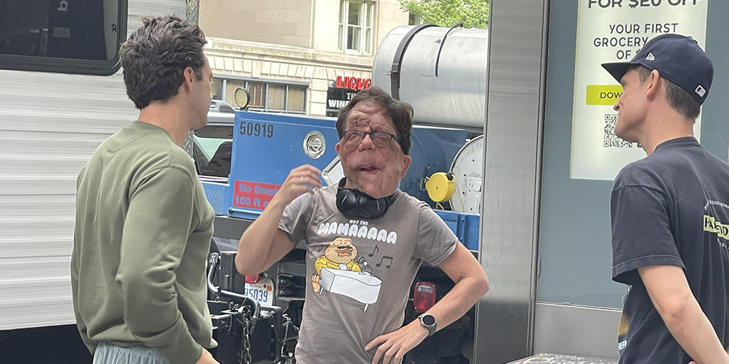 Sebastian Stan (left), Adam Pearson (center) - UWS set of A Different Man - July 8, 2022