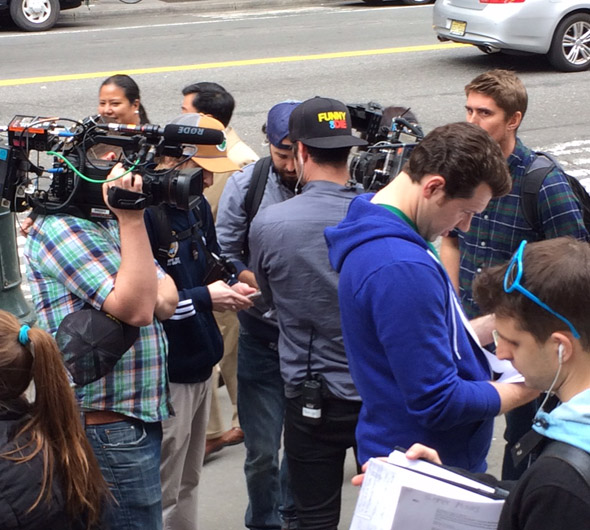 Billy Eichner and crew prepping for a shoot at Bryant Park on April 27, 2015.