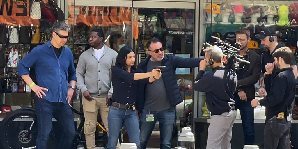 Actress Floriana Lima and Director Richard Shepard discussing a shot