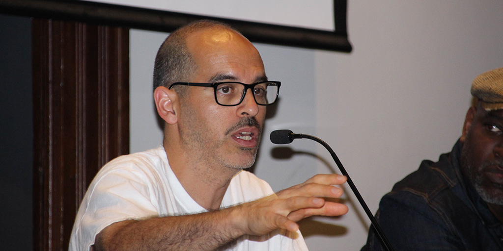 Bobbito Garcia speaking after a "Rock Rubber 45s" screening at the <a href="http://www.greenroomnewyork.com/article.aspx?ID=3455">Brooklyn Historical Society on September 27, 2018</a>.