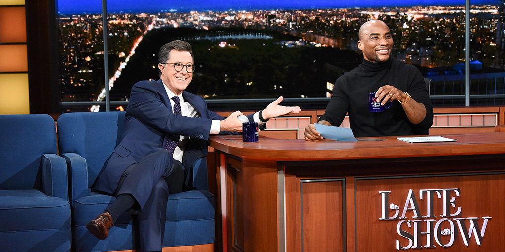 Stephen Colbert and Lenard "Charlamagne" McKelvey - photo by Scott Kowalchyk for CBS