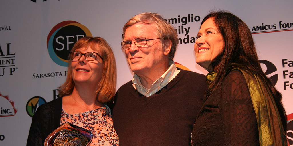 Chris Hegedus (filmmaking partner & wife), D A Pennebaker, and Barbara Kopple at the 2016 Sarasota Film Festival.