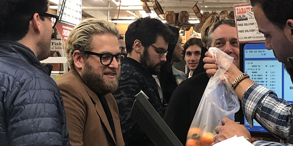 Jonah Hill checking out after shooting a music video at Zabars on February 6.