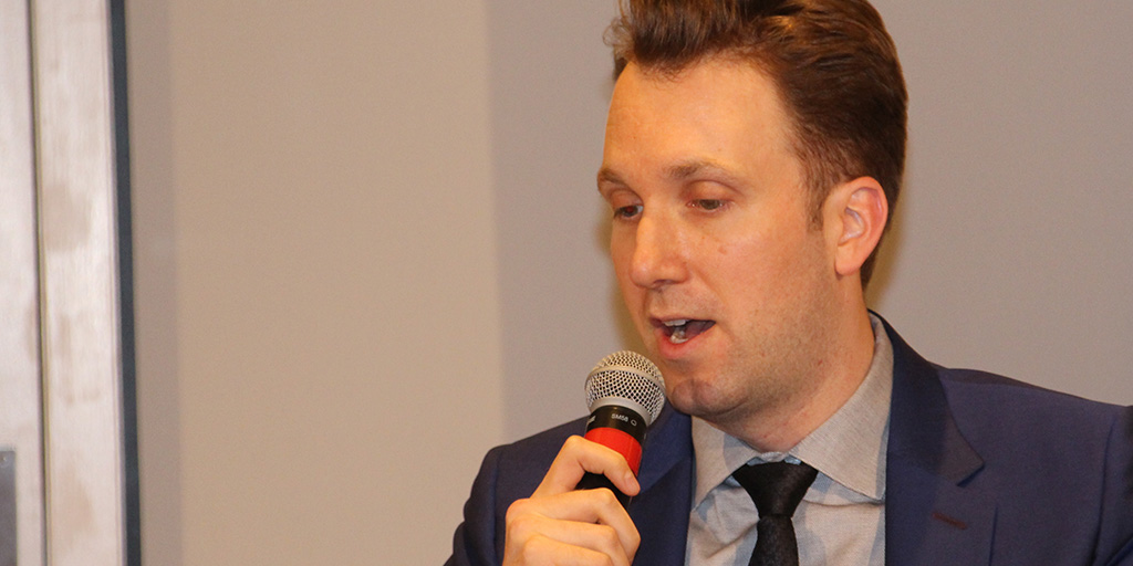 Jordan Klepper speaking at the 2017 New York Television Festival