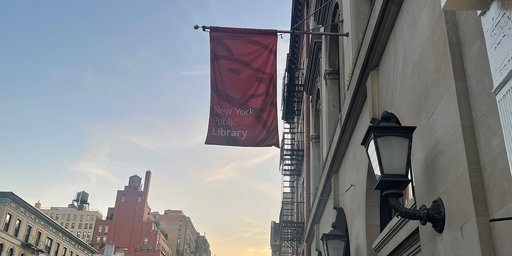 NYPL banner hanging outside from the St. Agnes Library on Amsterdam on the Upper West Side.