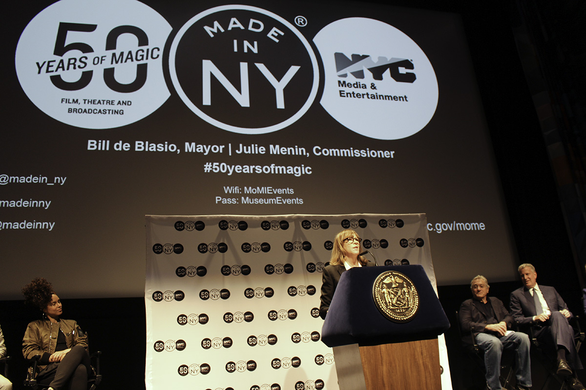 Alicia Keys, Jane Rosenthal (at podium), Robert De Niro, Mayor Bill de Blasio