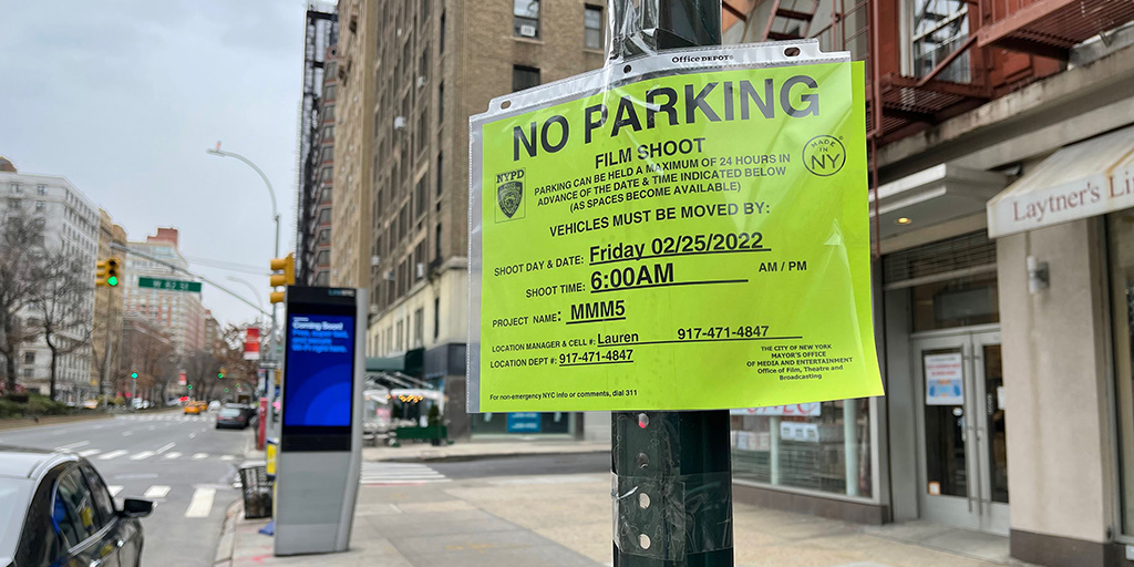 Production sign spotted along Broadway on the Upper West Side on Friday, February 18.