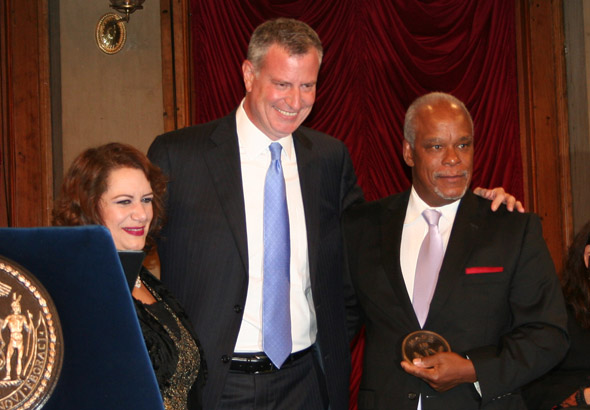 New York Film Commissioner Cynthia Lopez, Mayor de Blasio, and Made In NY Award Honoree Stanley Nelson