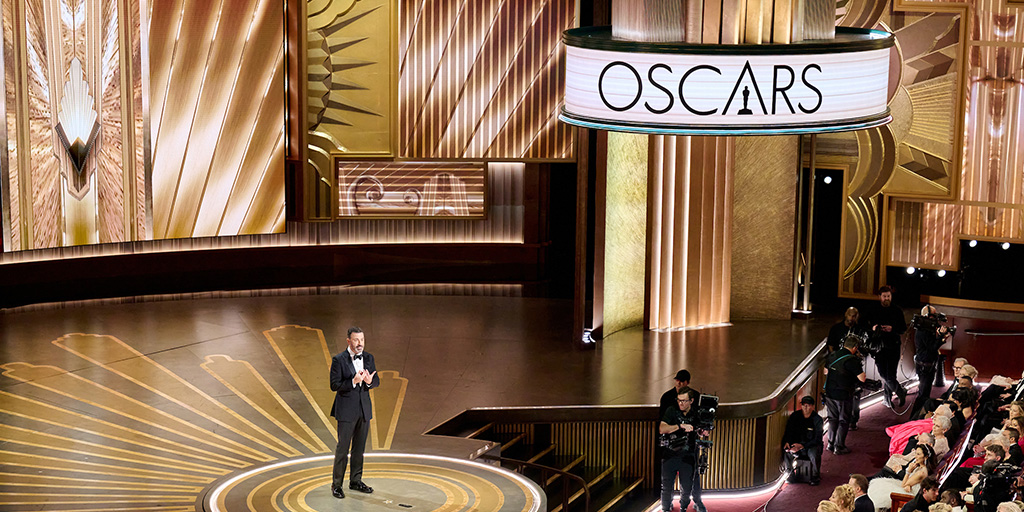 Host Jimmy Kimmel on stage at the 2023 Oscar Awards