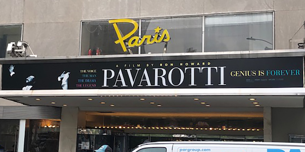 Paris Theatre with Pavarotti on the marquee. June 2019