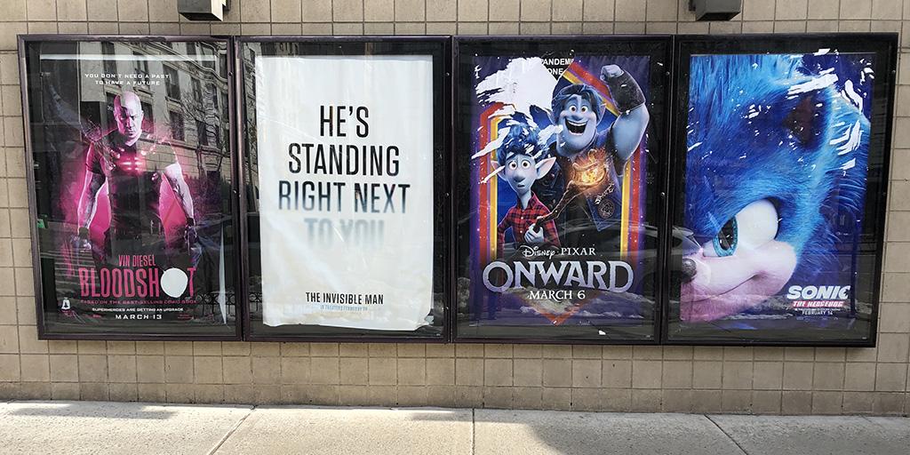 Movie posters outside the AMC at 84th and Broadway UWS as they remained for the entire 2020 pandemic year.