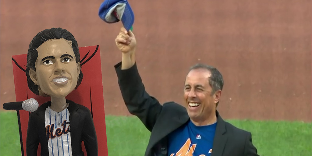 Bobblehead Jerry and Jerry Seinfeld throwing out the first pitch at Seinfeld Night for Phillies at Mets at Citi Field on Saturday, July 5th.