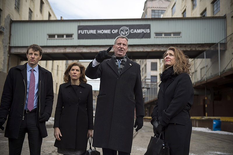 NYCEDC President James Patchet, Commissioner of Office of Media & Entertainment Julie Menin, Mayor de Blasio, and Deputy Mayor for Housing and Economic Development Alicia Glen at future site of Made in NY Campus